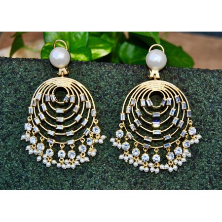 Golden Chand Bali Earrings Studded with Baguette Diamonds